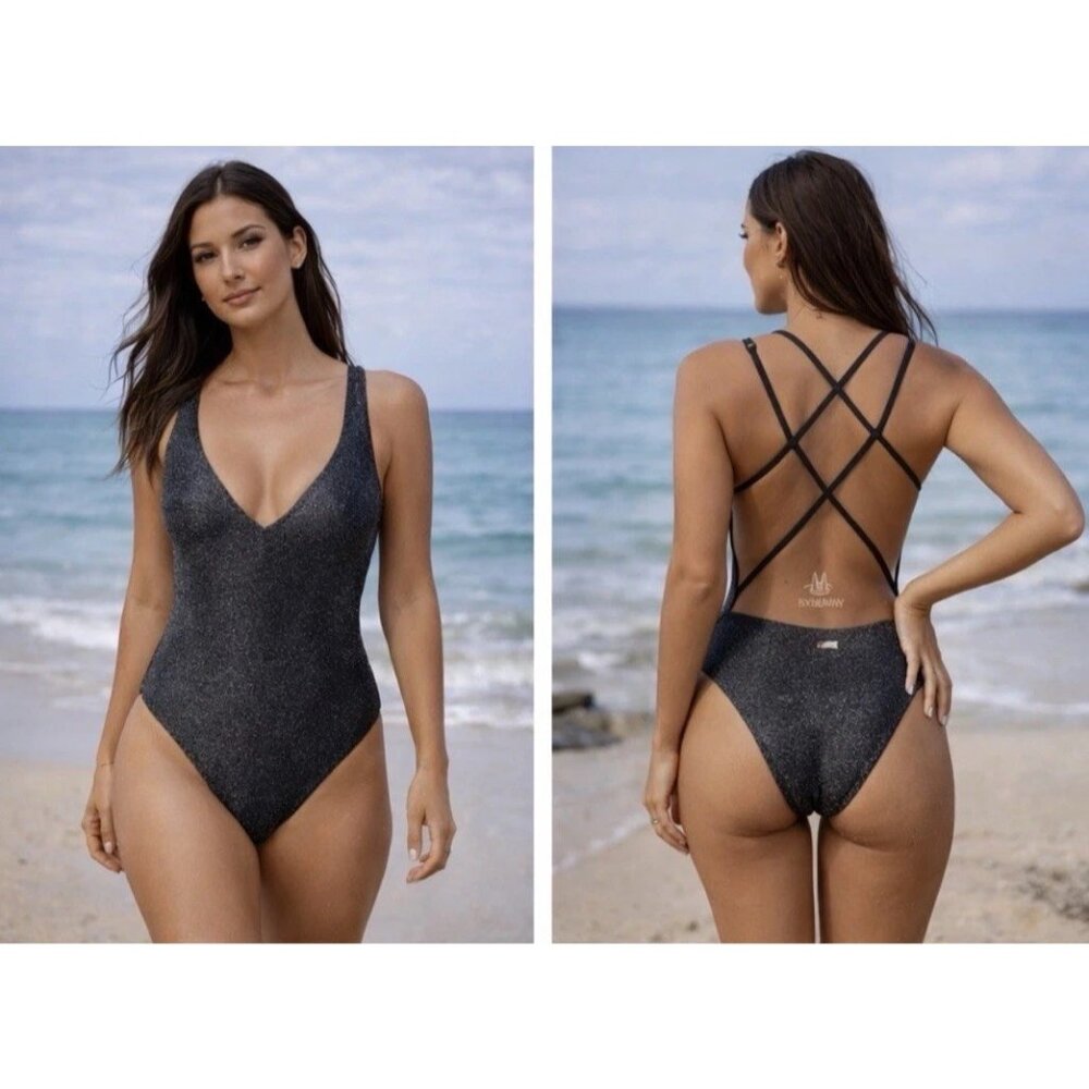 Berlook Metallic Silver Black Cross Back One-Piece Swimsuit XL Extra Large NEW
